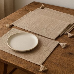 Rustic Linen Fabric Placemats for Kitchen Decor Reusable Washable Table Mats with Tassels for Modern Farmhouse Style Dining Room