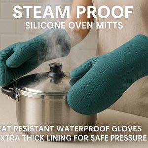 Steam Proof Silicone Oven Mitts for Kitchen Use Heat Resistant Waterproof Gloves with Extra Thick Lining for Safe Pressure Cooking
