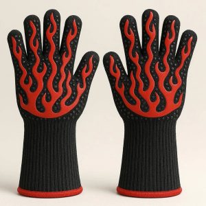 Heavy Duty Heat Resistant Oven Gloves Five Finger Silicone Kitchen Mitts for Grilling Smoker Baking and Barbecue Use