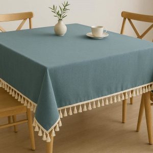 Modern Solid Color Tassel Tablecloth Dust Proof Cotton Linen Table Cover for Square and Rectangular Tables for Home Decor